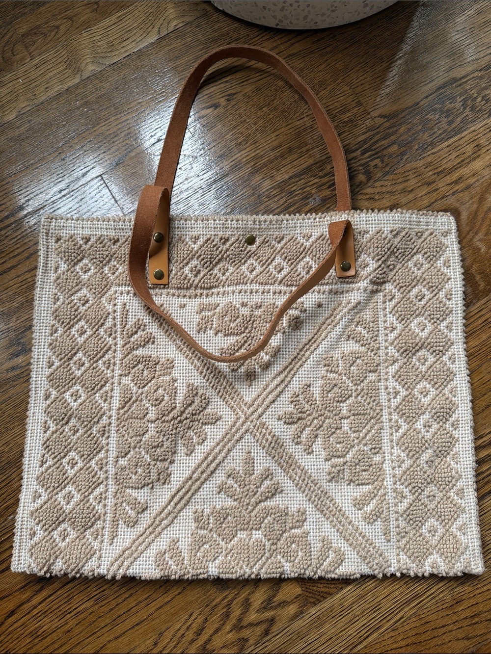 Beige Textured Tote Bag with Tan Leather Handles